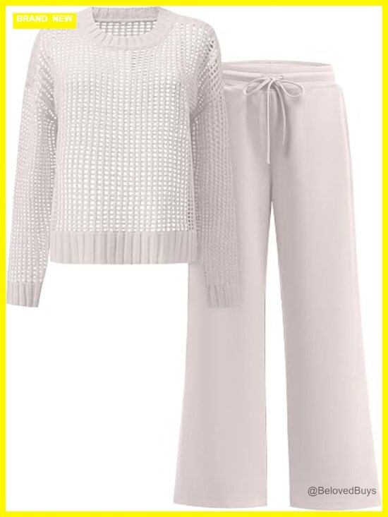Pants - 2pc Lounge Set Crochet Sheer Knit Top Wide Leg Pants Sweatsuit Travel Outfit